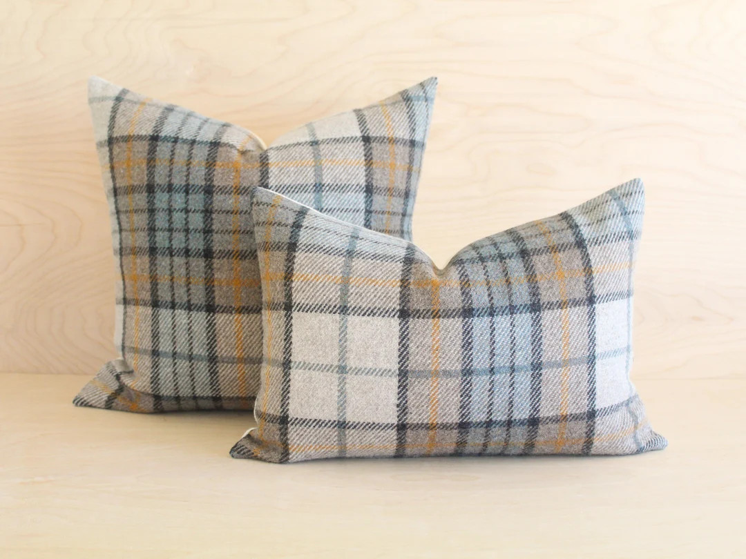 Misty Ridge Plaid Wool Pillow Cover, Blue and Orange Pillow Cover made to Order - Etsy | Etsy (US)