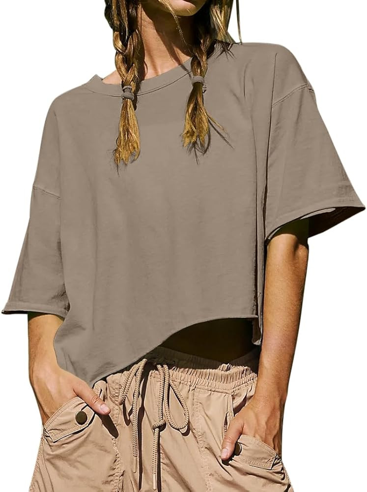 TARSE Workout Crop Tops for Women Oversized Drop Shoulder T-Shirt Crew Neck Raw-Edge Hem Casual S... | Amazon (US)