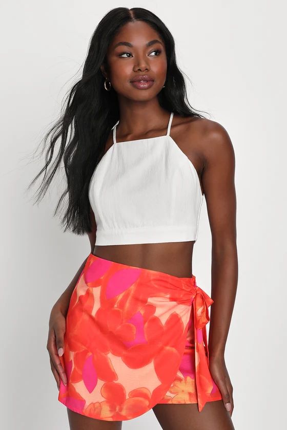 Popular Energy Bright Orange Floral Print Faux-Wrap Mini Skirt | Lulus (US)