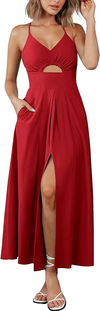 BTFBM Women 2025 Summer Spaghetti Strap Midi Dress Sleeveless V Neck Cutout Slit Casual Beach Par... | Amazon (US)