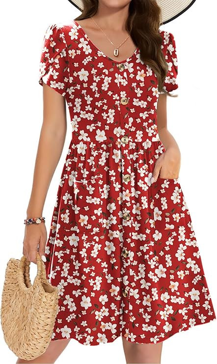 Zeagoo Womens Summer Dress Mini Petal Short Sleeve Dresses Pleated Button Down V Neck Floral Beac... | Amazon (US)