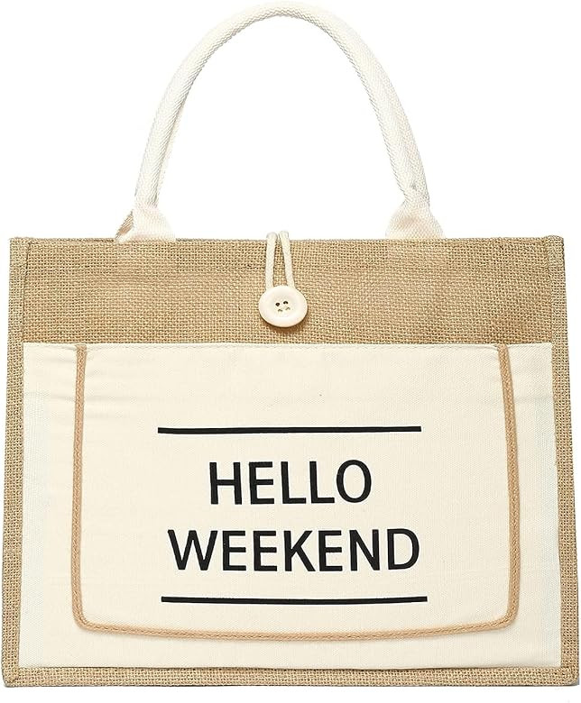 JOLLQUE Jute Beach Tote for Women, Reusable Grocery Shopping Bag with Handle. | Amazon (US)