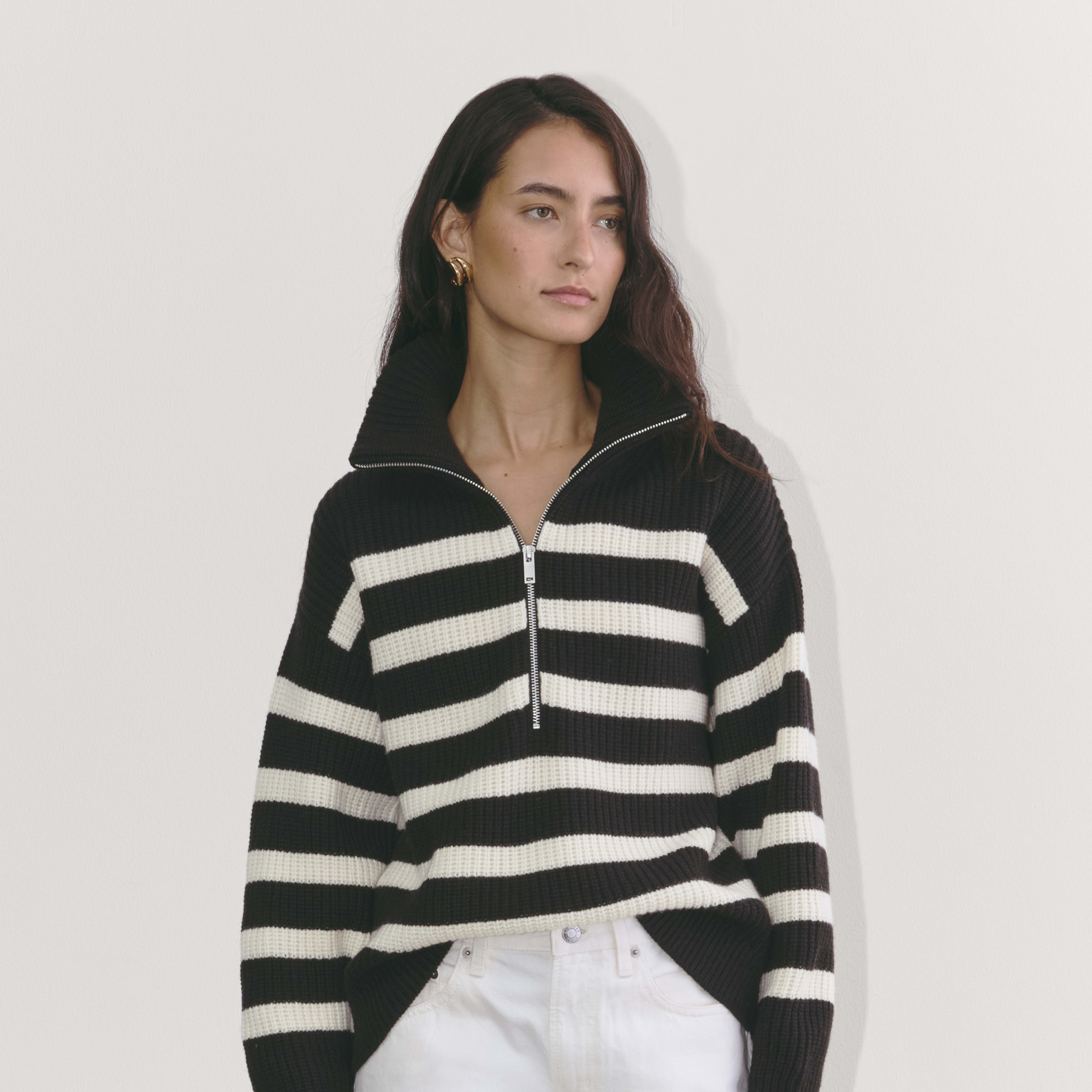 Women's Half-Zip Sweater in Luxe Merino by Everlane in Black/Bone White, Size XS | Everlane