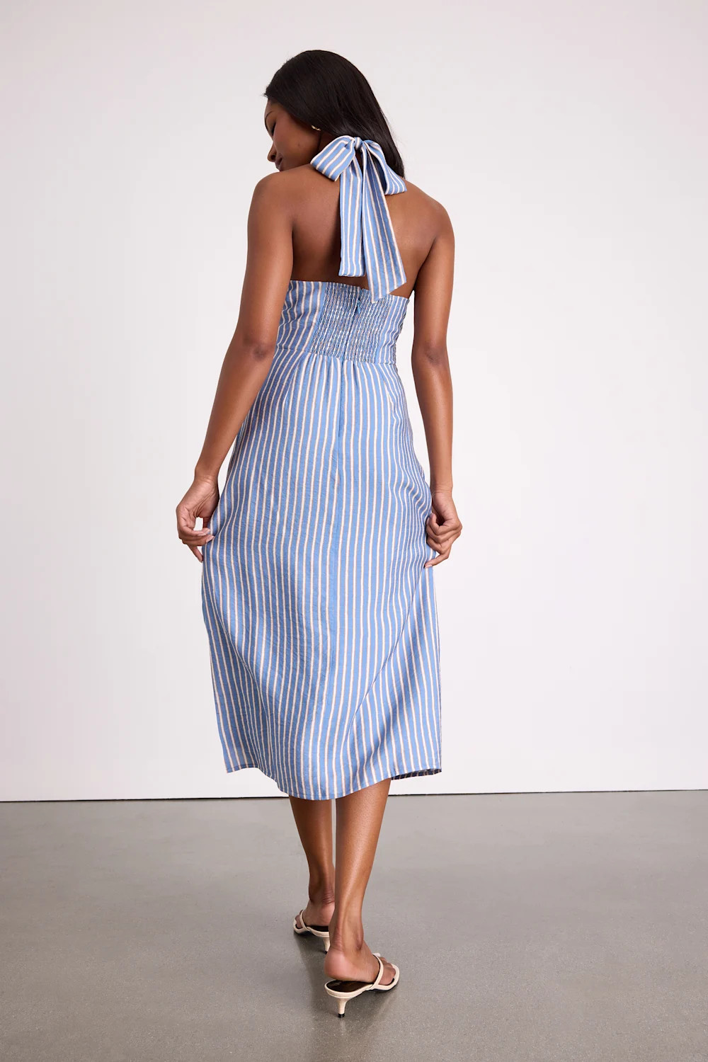 Gratiana Light Blue Striped Cross-Front Halter Midi Dress | Lulus
