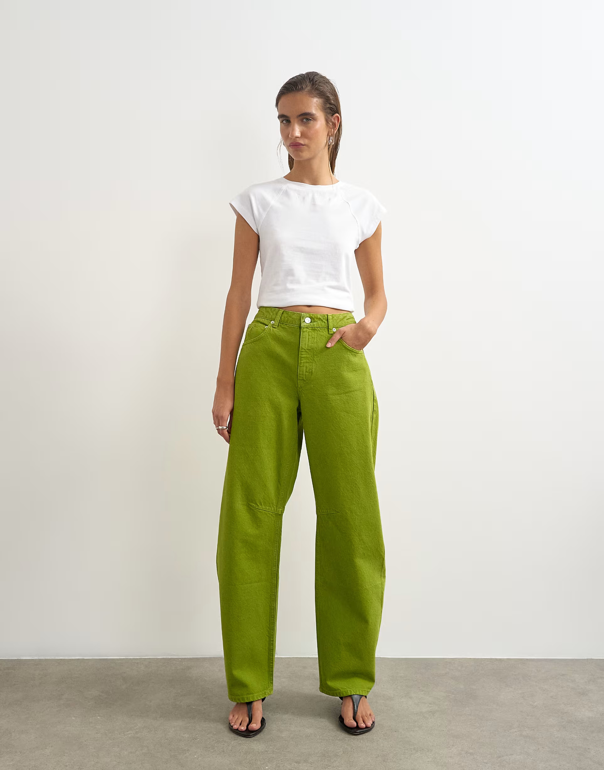 Topshop Barrel mid rise jeans in bright olive | ASOS (Global)
