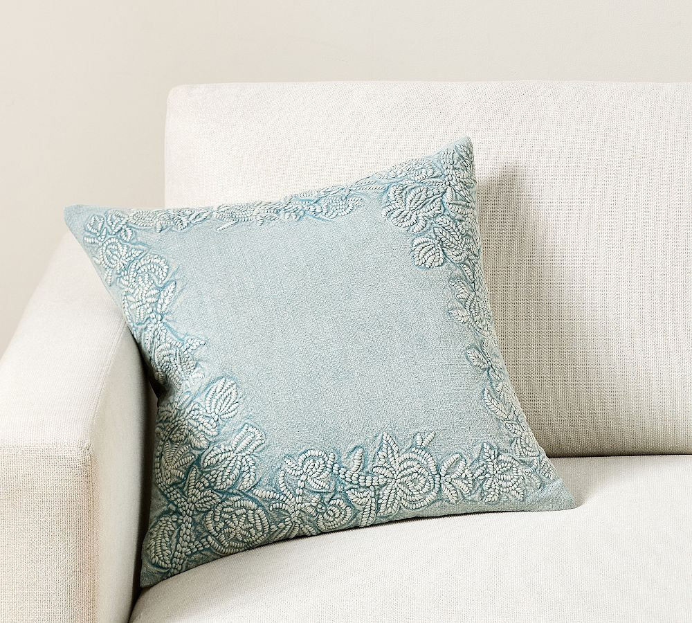 Raine Embroidered Pillow Cover, 18"", Chambray | Pottery Barn (US)