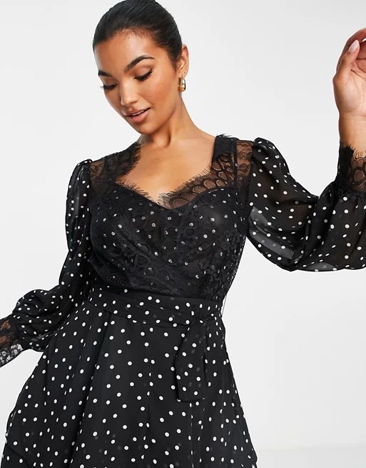 ASOS DESIGN soft mini skater dress in polka dot with eyelash lace details | ASOS (Global)