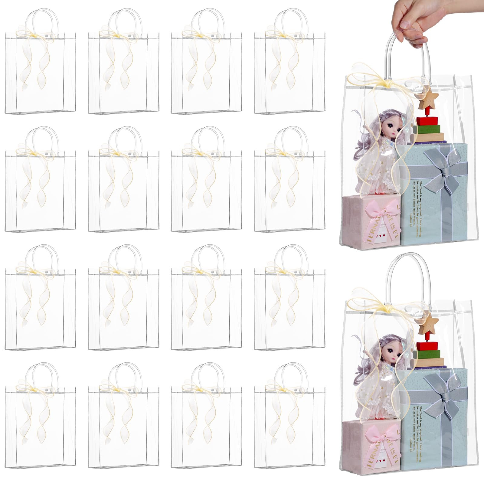WDSHCR 16 PCS Clear Plastic Gift Bags with Handles, Party Favor Bags with Ribbons, Reusable Goodi... | Amazon (US)