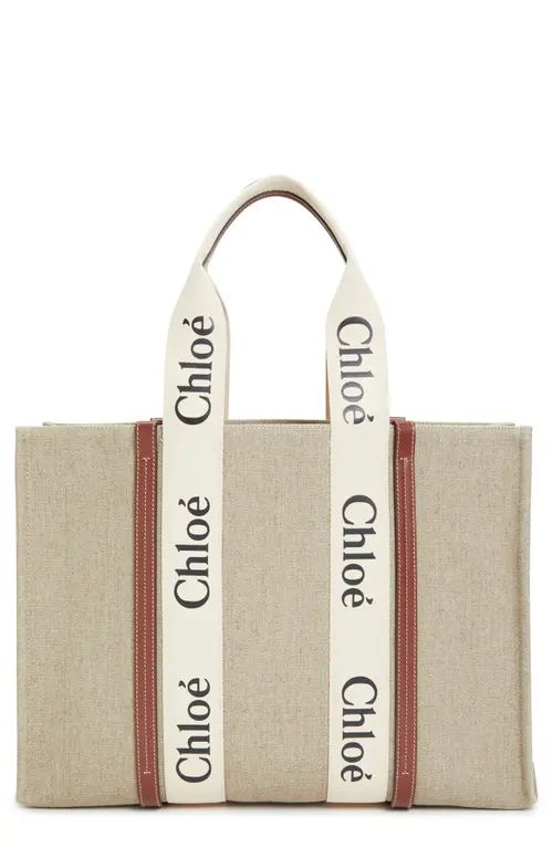 Chloé Large Woody Linen Tote in White - Brown 1 at Nordstrom | Nordstrom