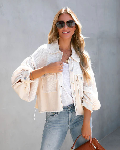 Monica Cotton Waffle Knit Frayed Shacket - Ivory - SALE | VICI