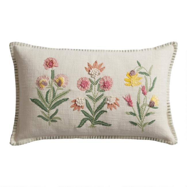 Ivory Multicolor Floral Embroidered Lumbar Pillow | World Market