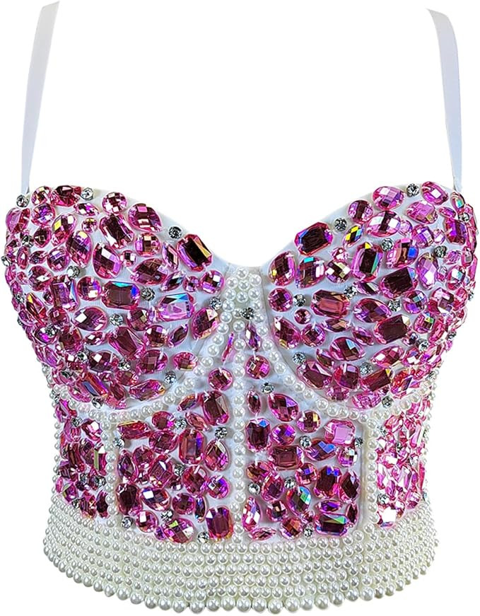 VEENDEO Women's Rhinestone Diamond Bead Bustier Crop Top Club Party Glitter Corset Top Bra Vest | Amazon (US)