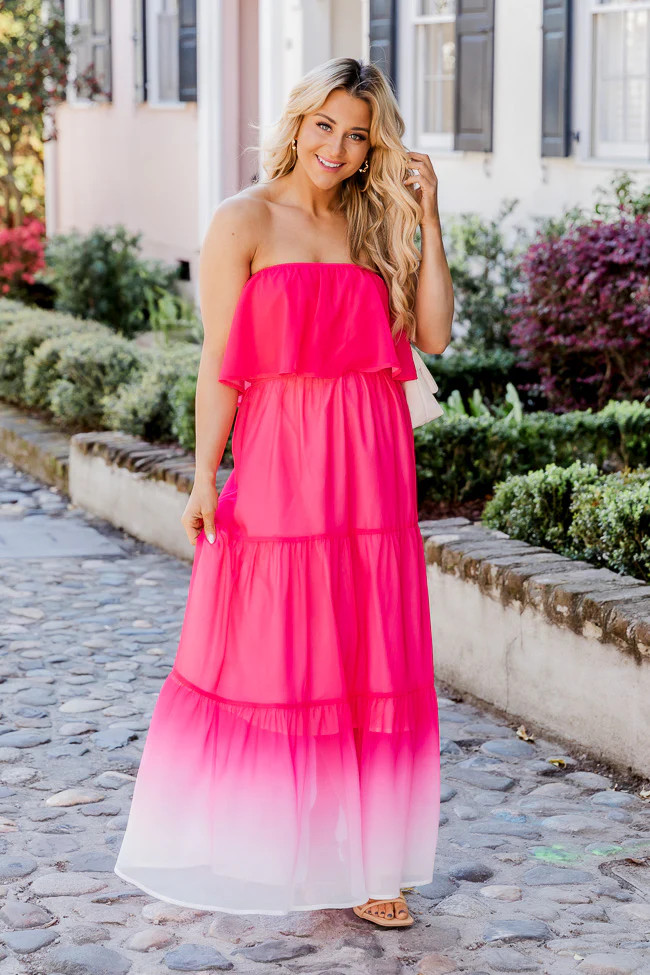 Bright On Time Hot Pink Ombre Strapless Maxi Dress FINAL SALE | Pink Lily