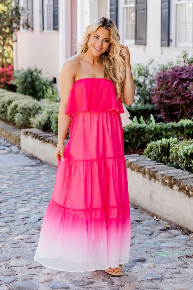 Bright On Time Hot Pink Ombre Strapless Maxi Dress | Pink Lily