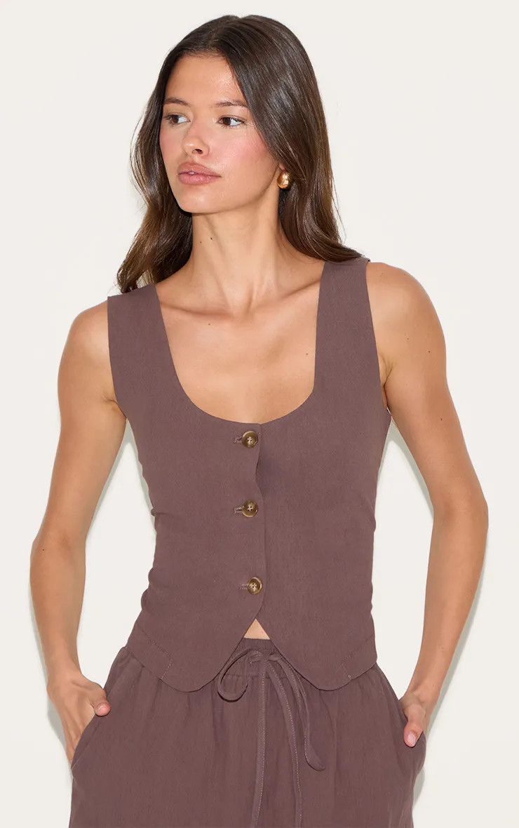 Dark Brown Linen Look Tailored Scoop Neck Fitted Waistcoat | PrettyLittleThing US