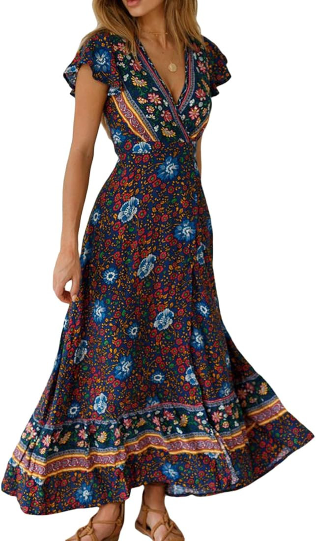Women’s Boho Summer Dress, Long Floral Maxi Dress, Short-Sleeved V-Neck Beach Dress, Bohemian D... | Amazon (DE)
