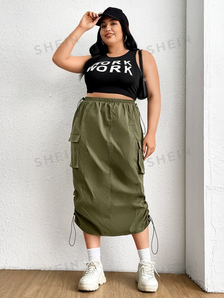 SHEIN EZwear Plus Flap Pocket Drawstring Side Cargo Parachute Skirt | SHEIN