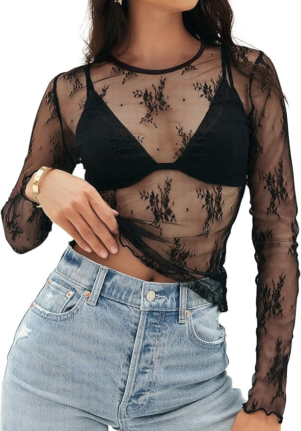 MEROKEETY 2024 Womens Lace Sheer Mesh Long Sleeve Top Crewneck Sexy Y2k See Through Blouse Shirts | Amazon (US)