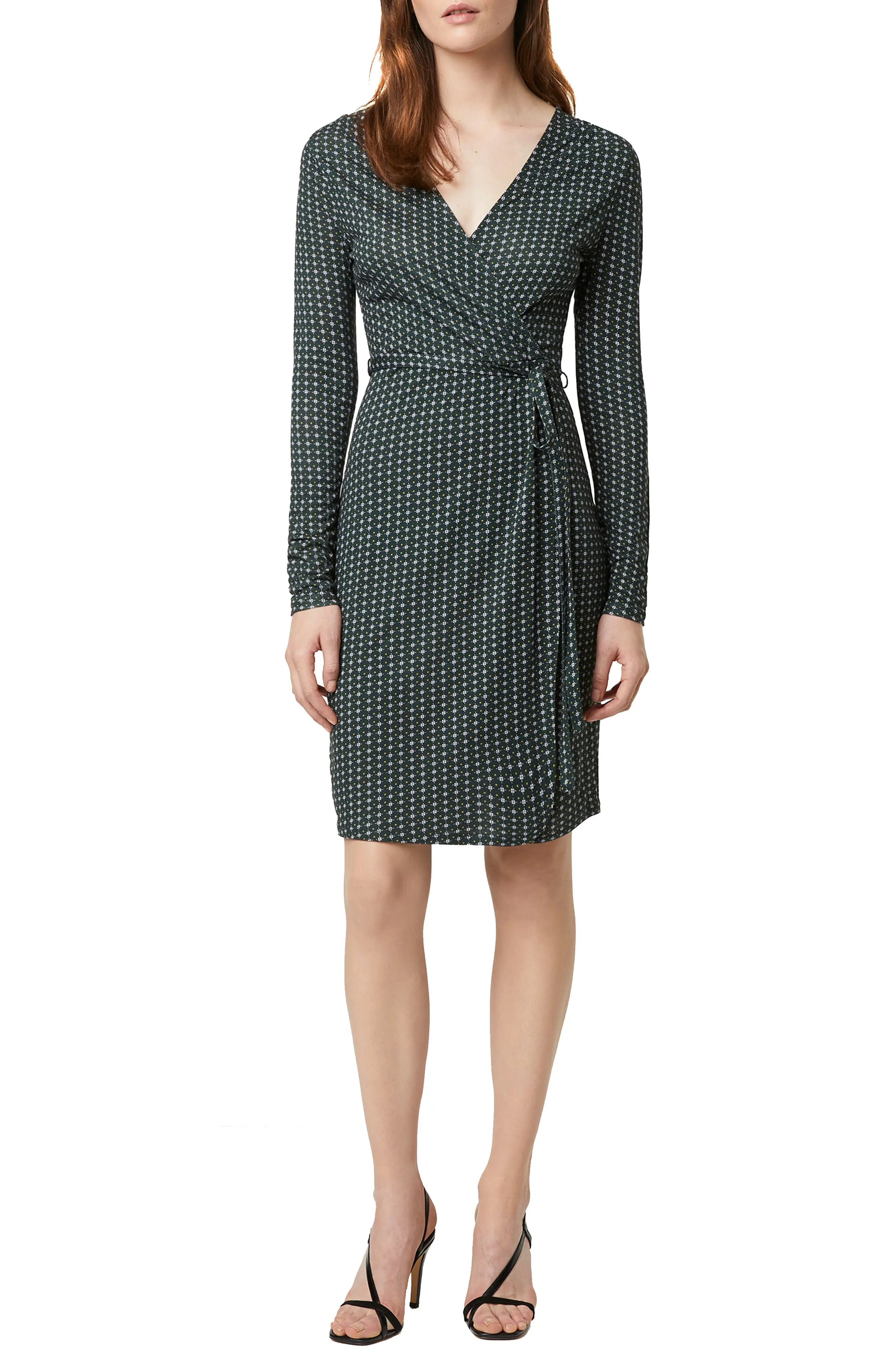 Women's French Connection Cosimo Meadow Floral & Dot Long Sleeve Faux Wrap Dress, Size 12 - Green | Nordstrom