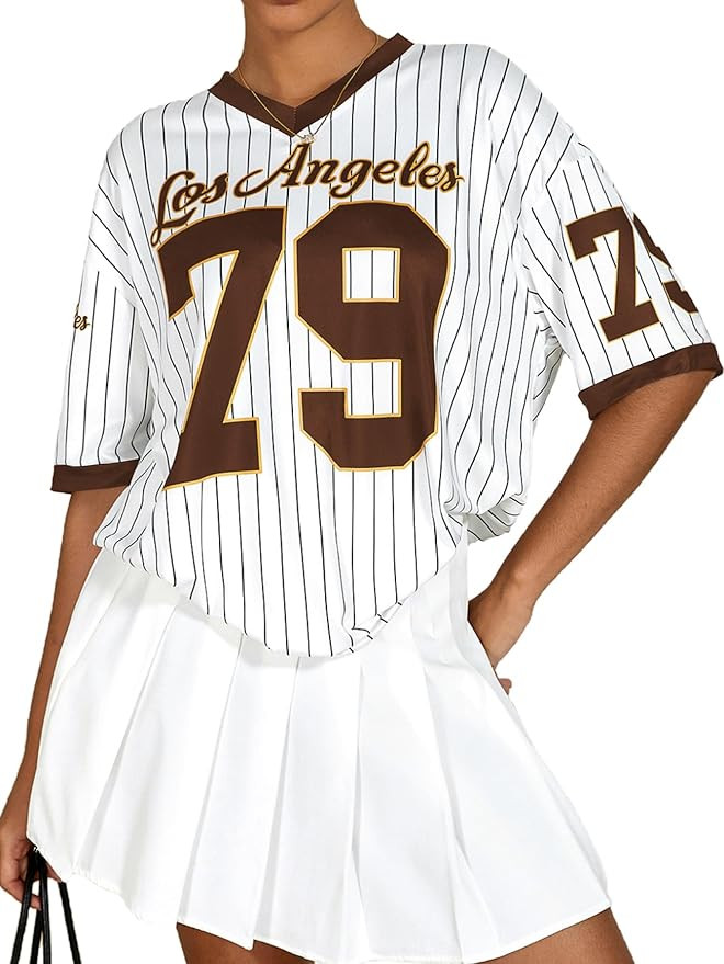 Milumia Women's Number Striped Print V Neck Half Sleeve Oversized Jersey T-Shirt | Amazon (US)