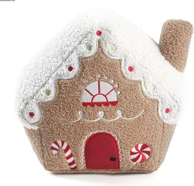 Gingerbread House Plush Sherpa Cushion Pillow, Khaki, Merry Christmas Embroidery, 30x28x16 cm (11... | Amazon (US)