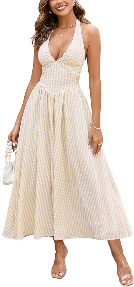 Parthea Women's Plaid Back Smocked Maxi Dress Sexy V Neck Elegant Flowy Swing Long Dress | Amazon (US)