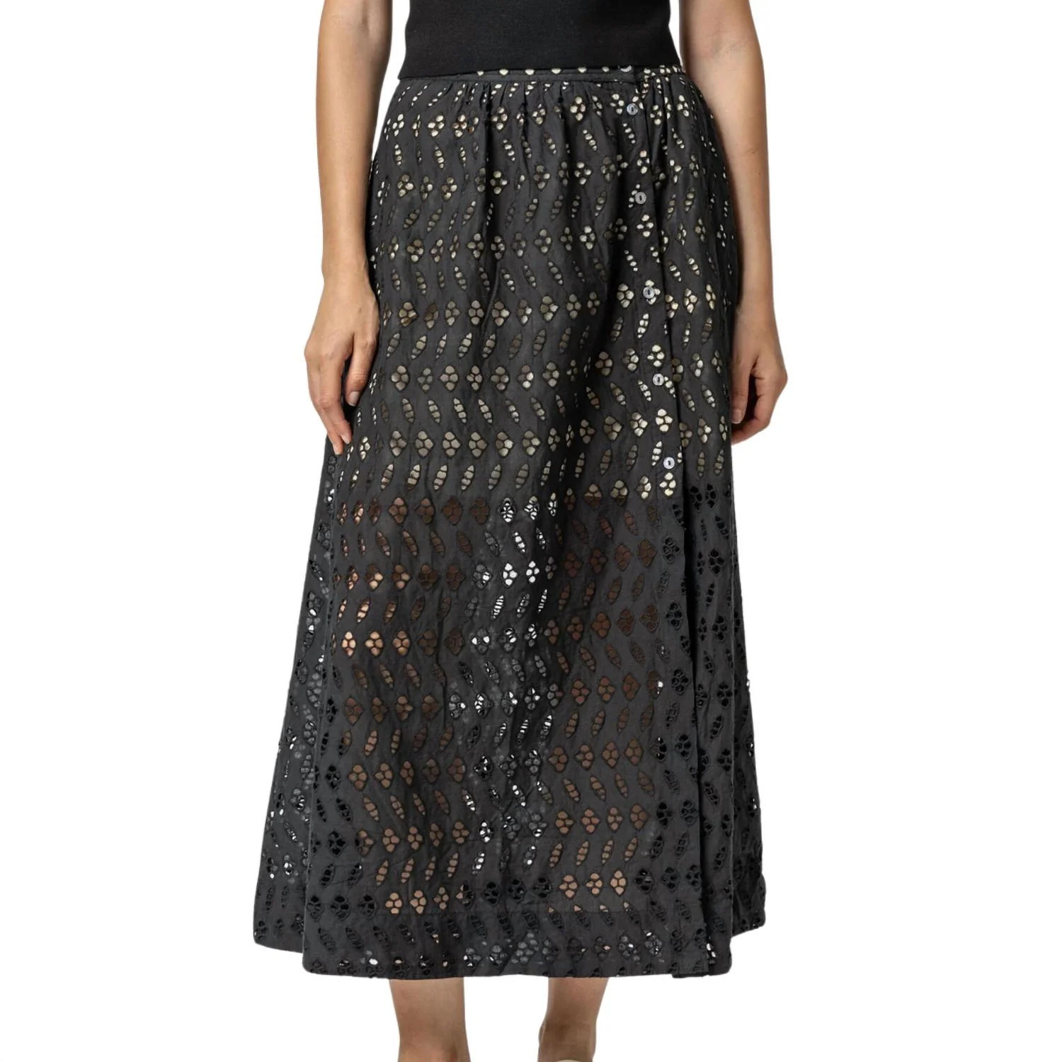 Women's Eyelet Side Button Maxi Skirt In Black | Shop Simon