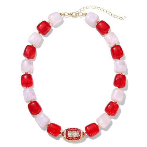 FAERLIIRY Beaded Necklaces for Women Football Chunky Necklace Game Day Tailgate Party Football Accessories Sports Fan Jewelry (Red White) | Amazon (US)