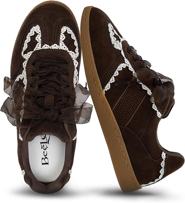 Casual Sneakers for Women Lace Detail – Elegant Ribbon Lace-Up Fashion Sneakers with Leather Up... | Amazon (US)