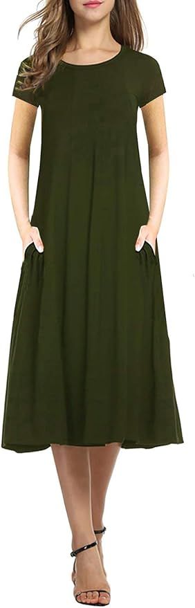 Necooer Women's Casual Loose Plain Pleated Long Dress Short Sleeve Midi Dresses | Amazon (US)
