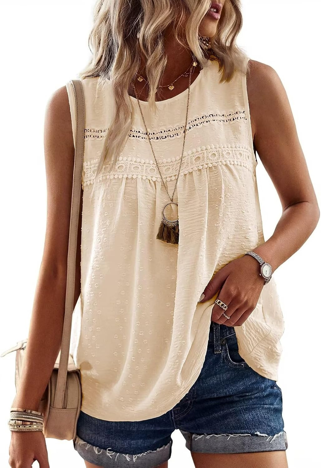 Falechay Tank Tops for Women Flowy Boho Cute Swiss Dots Sleeveless Shirts | Amazon (US)