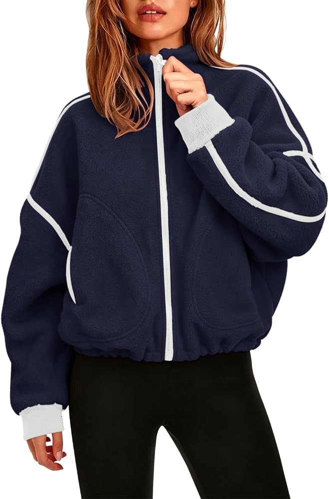 QINSEN Women Fleece Jacket Cropped Full-Zip Up Sherpa Jackets Warm Stand Collar Outerwear with Po... | Amazon (US)