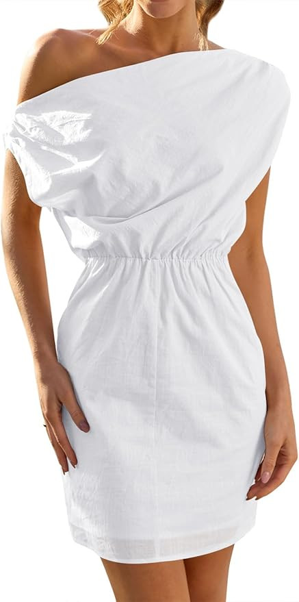 LILLUSORY Women's Linen Cotton Summer Dresses 2023 One Shoulder Short Mini Dress Casual Cute Sund... | Amazon (US)
