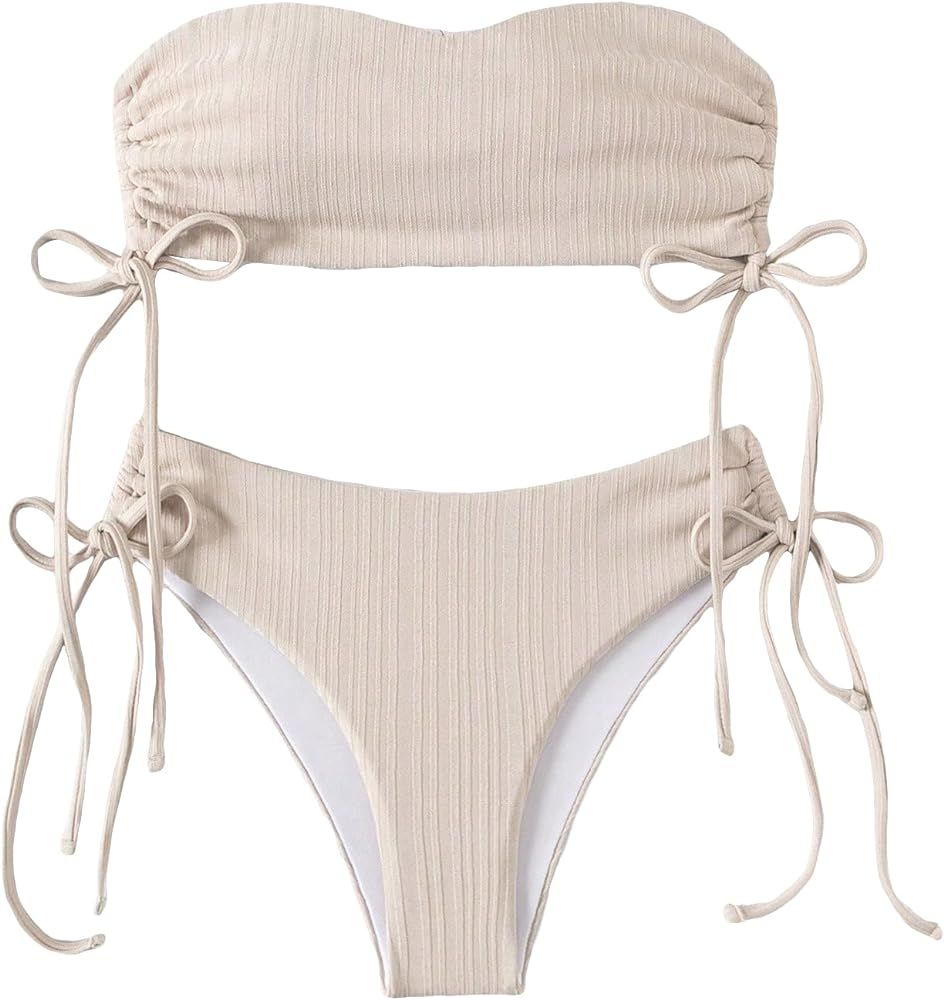 WDIRARA Women's 2 Piece Bandeau Swimsuits Strapless Textured Bikini Set High Cut Drawstring Bathi... | Amazon (US)