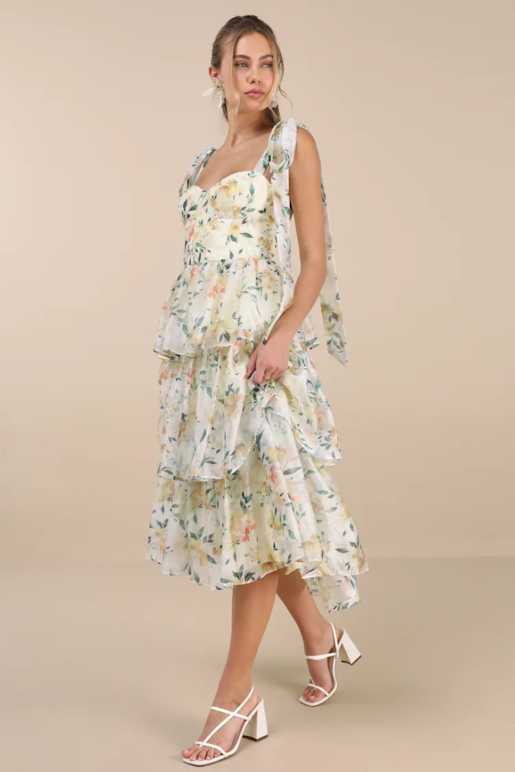 Svea Light Yellow Floral Tiered Tie-Strap Midi Dress | Lulus