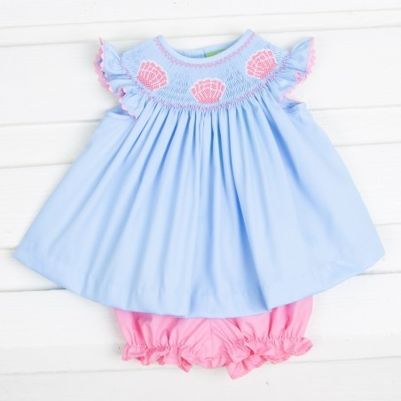 Bloomer Set Seashell Smocked Light Blue Pique | Classic Whimsy