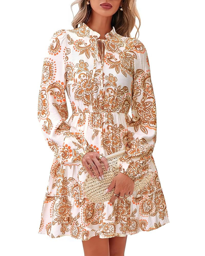 BTFBM Women Fall Dresses 2025 Floral V Neck Long Sleeve Tiered Ruffle Boho Swing Flowy A-Line Min... | Amazon (US)