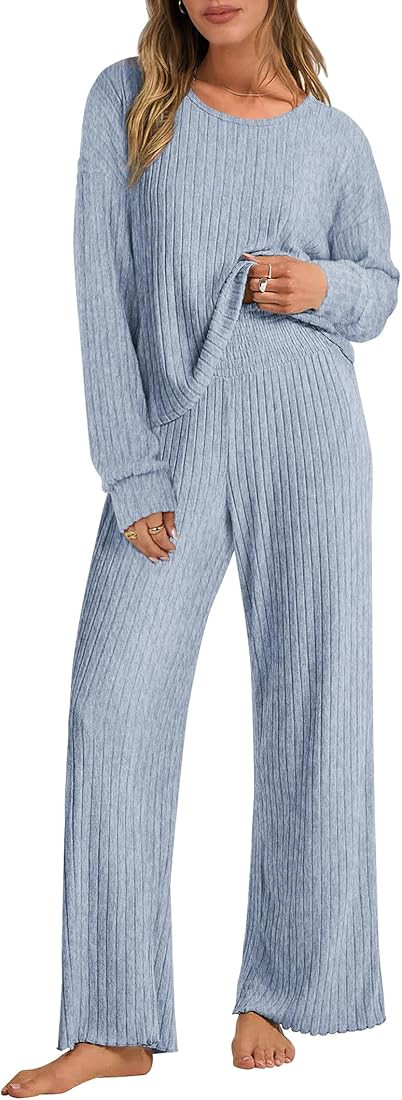 ANRABESS Women 2 Piece Lounge Pajamas Sets Casual Ribbed Knit Long Sleeve Top Pants Matching Set ... | Amazon (US)