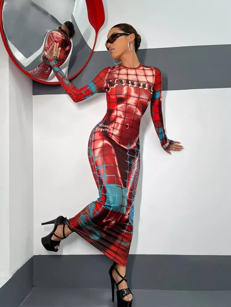 SHEIN SXY Body Heat Map Print One Shoulder Cut Out Maxi Dress