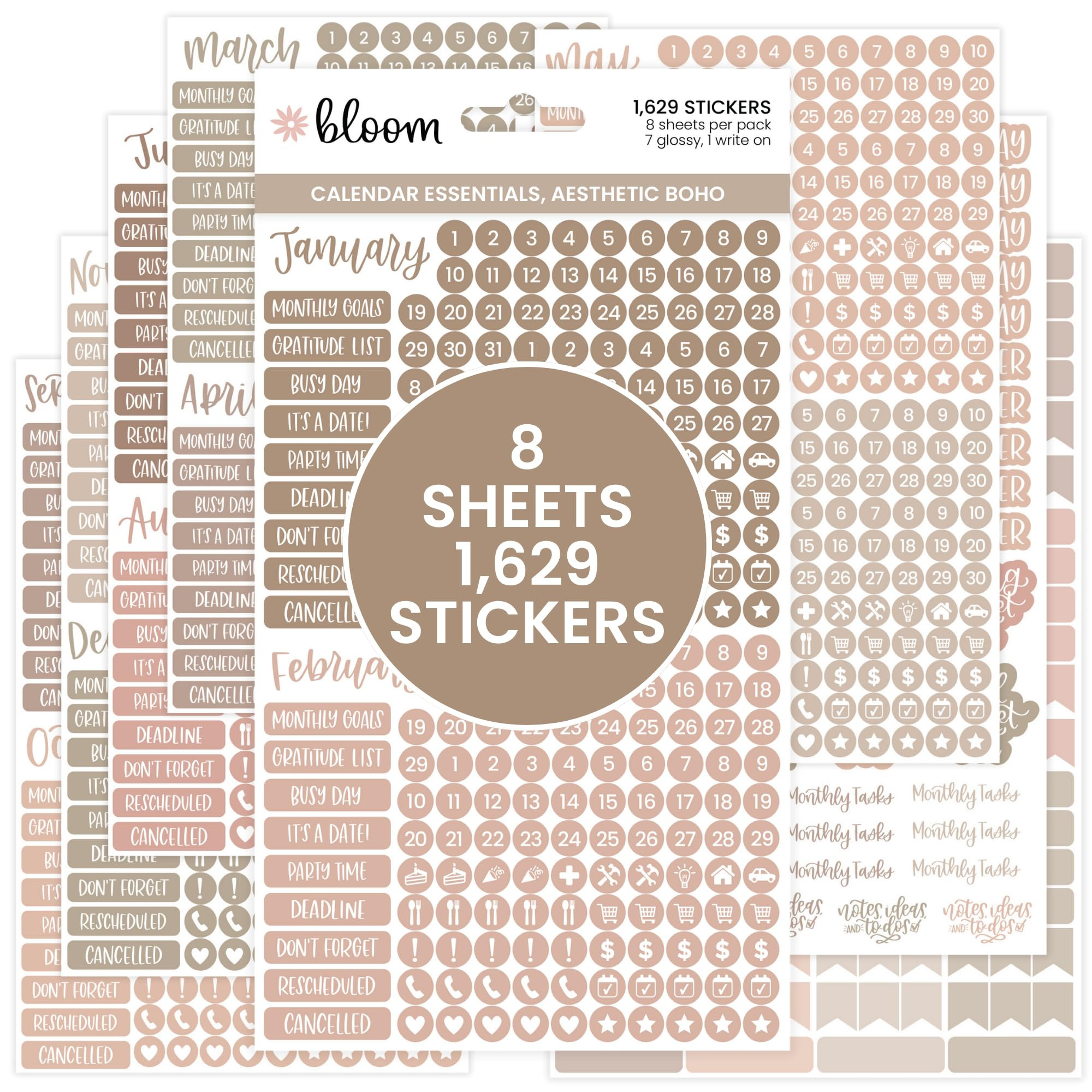 bloom daily planners Muted Neutrals Calendar Essentials Planner Stickers - 8 Sheets, 1629 Sticker... | Amazon (US)