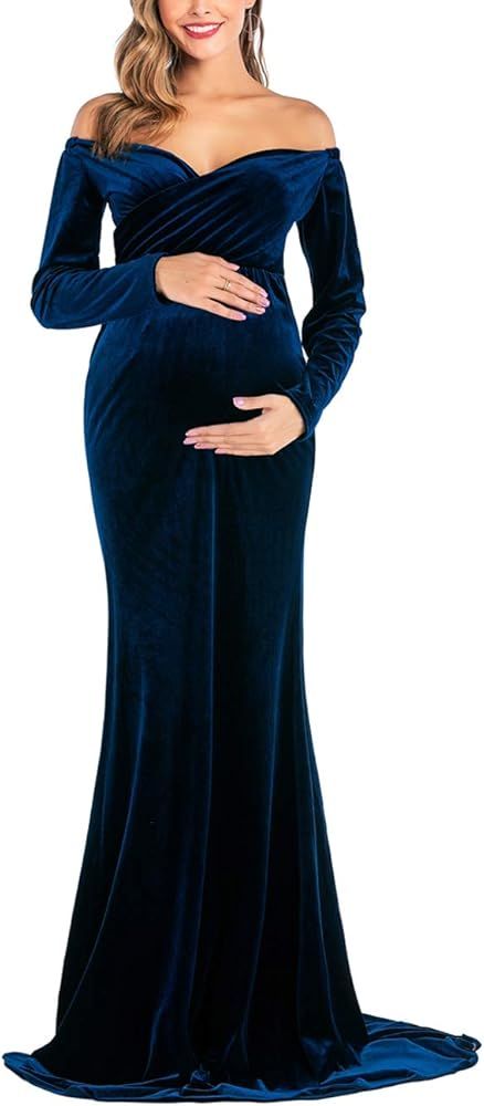 JustVH Velvet Maternity Off Shoulder Half Circle Fitted Gown Maxi Photography Dress for Baby Show... | Amazon (US)