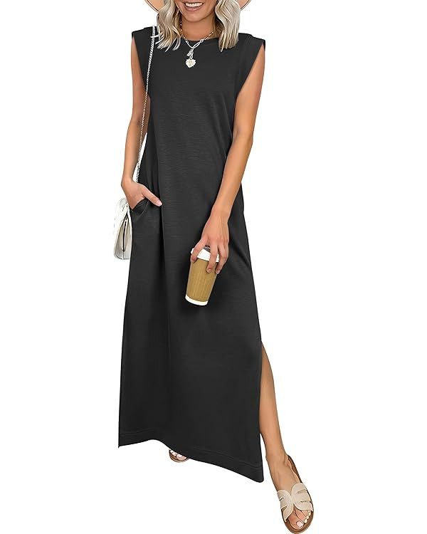 ANRABESS Women Summer Casual Sleeveless Maxi Dress 2026 Crewneck Loose Split Wrinkle-Free Beach T... | Amazon (US)
