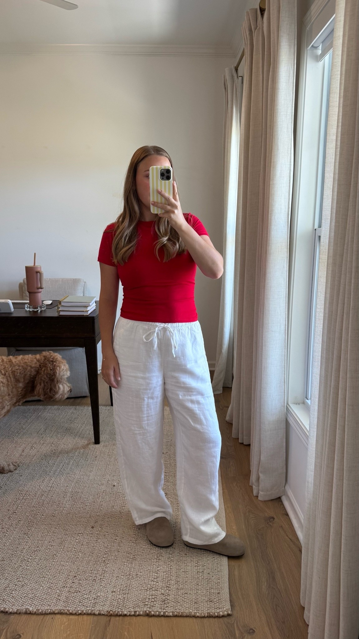 my favorite 100% linen pants! these are j.crew and are double-lined so they're not see through. my red shirt is 90% cotton and have a built-in bra with sewn-in pads. shoes are steve madden & so comfy! 

summer outfit, lounge outfit, natural fibers, linen pants outfit 

 #LTKootd #LTKMidsize #LTKPetite