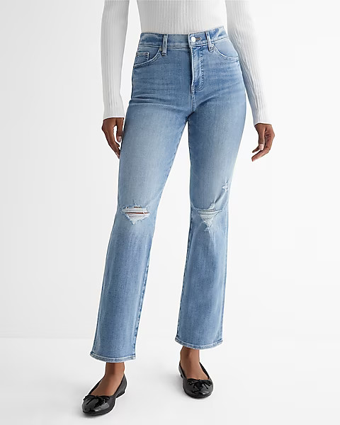 High Waisted Light Wash Ripped Straight Ankle Jeans | Express