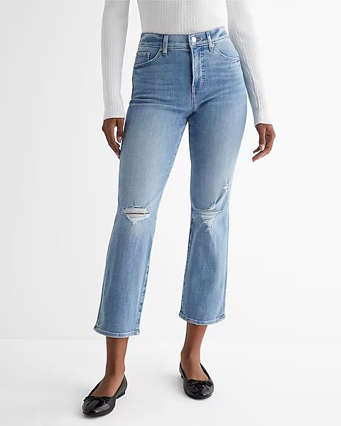 High Waisted Light Wash Ripped Straight Ankle Jeans | Express (Pmt Risk)