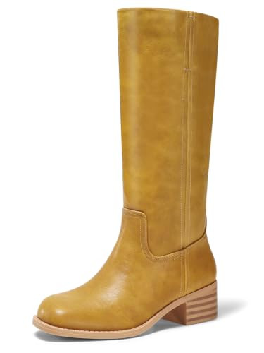 Coutgo Women's Knee High Boots Square Toe Chunky Block Heel Tall Boots Comfortable Low Heel Shoes, Banana Yellow, Size 8 | Amazon (US)