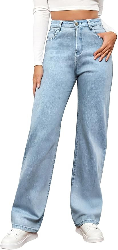 LONGBIDA Women's High Waisted Straight Leg Jeans with Tummy Control - Stretchy Denim Pants Classi... | Amazon (US)