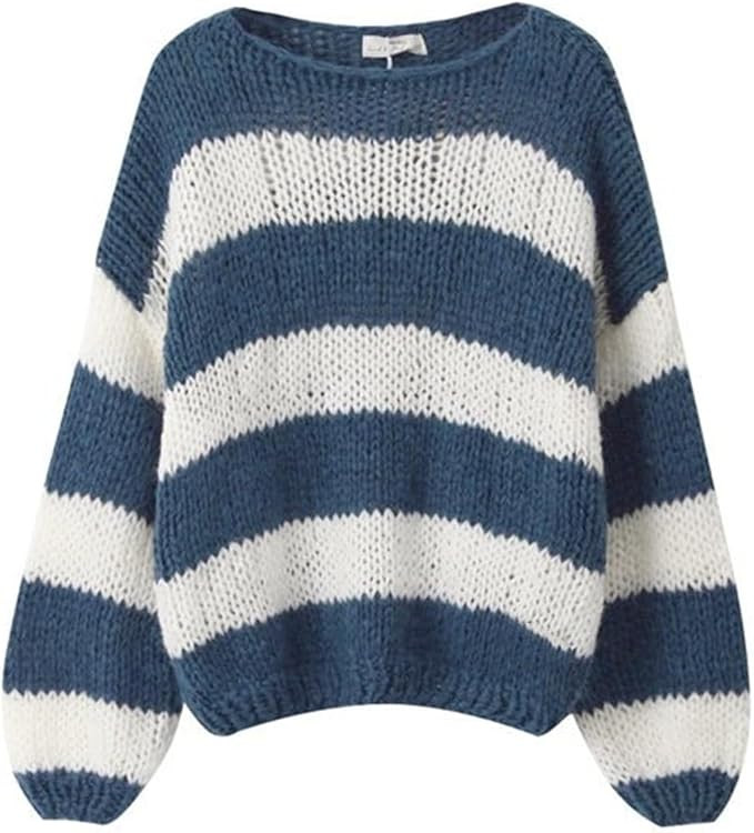 Women's Knit Striped Sweater Oversized Color Clock Long Sleeve Crewneck Pullover Jumpers Cute Tre... | Amazon (US)
