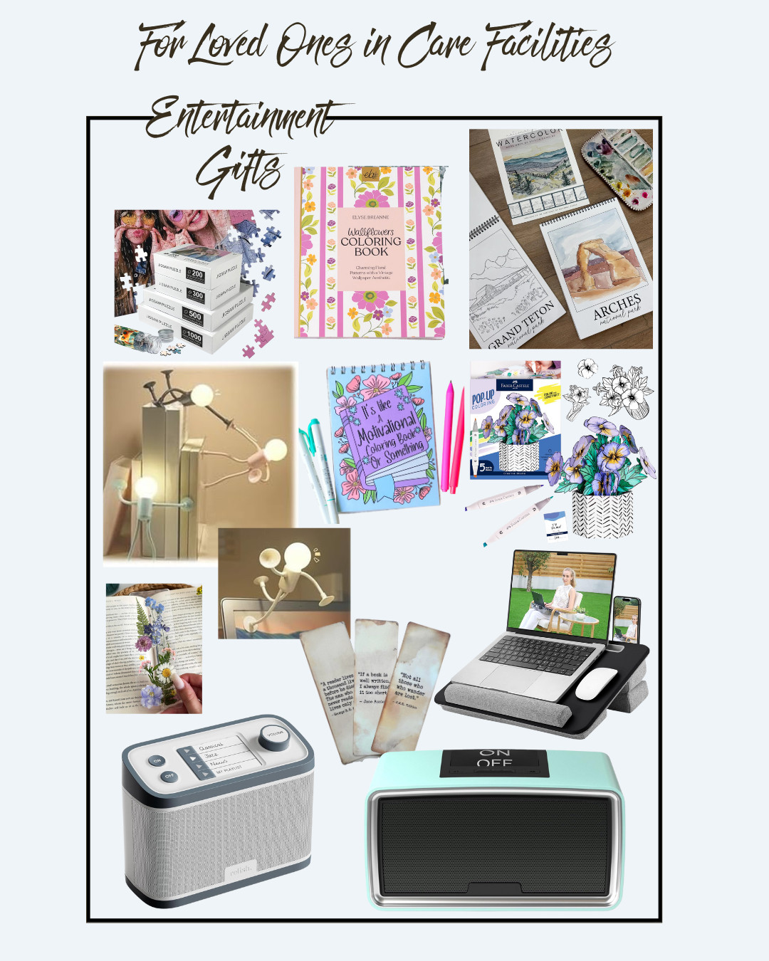 Meaningful, low-clutter entertainment gifts for adults in care facilities — perfect for nursing homes, assisted living, rehab, or post-surgery stays. These activities provide stimulation without overwhelming: simple crafts, engaging puzzles, music, coloring, memory-friendly games, and quiet hobbies ideal for long afternoons.
 -friendly -facilitygifts 

 #seniorgifts #carefacility #care #senioractivities #LTKGiftGuide #LTKHoliday #LTKstorytime
