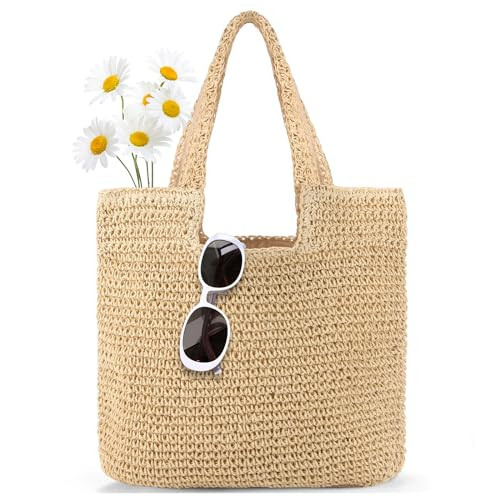 Straw Beach Tote Handbag for Women Large Summer Woven Raffia Straw Bag with Zipper Foldable Lightweight Bag for Vocation, Beige | Amazon (US)